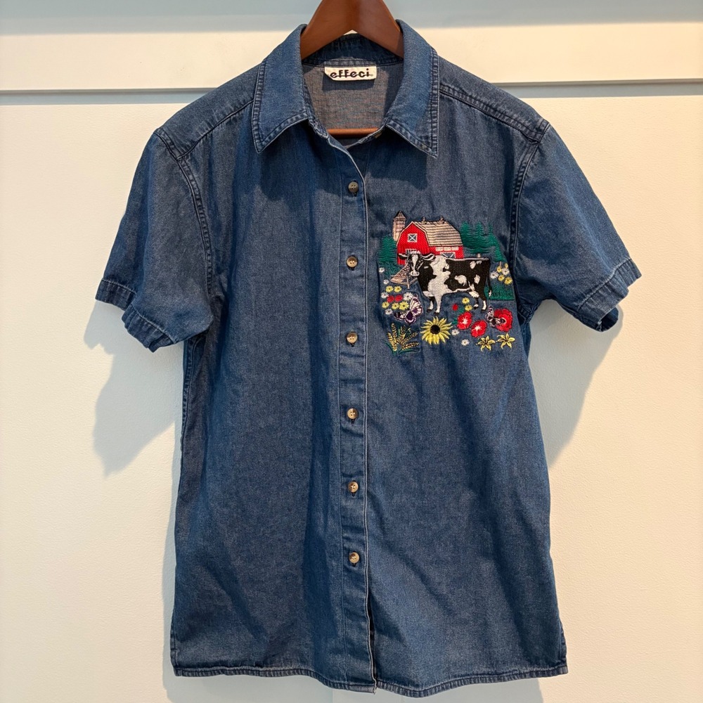 Vtg Cow Barn Shirt Women Large Blue Denim Embroidered Effeci Floral Short Sleeve